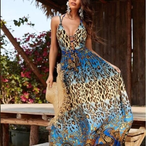 LEOPARD BACKLESS PLUNGING SPAGHETTI STRAP PREMIUM QUALITY DRESS - Picture 14 of 16